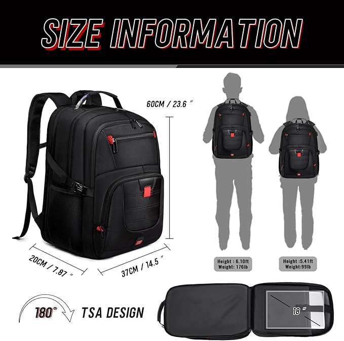 Z-MGKISS 18.4 Large Travel Backpack, USB Computer Bagpack Fits 18.4 Inch Laptop, Business Backpack for Men, TSA Flight Approved, Laptop Backpacks, Black