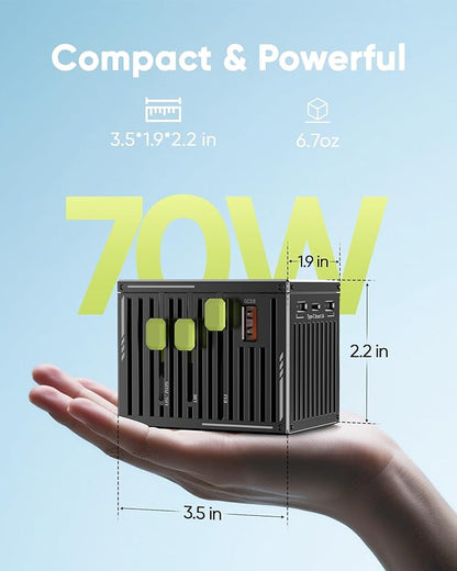 70W Universal Travel Adapter with 4 USB-C & 1 USB-A Ports, International Power Adapter, European Travel Plug Adapter, Worldwide Travel Essentials for EU UK AUS USA