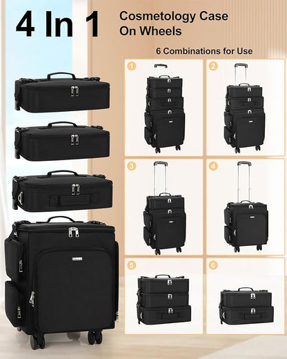 Relavel Rolling Makeup Case, 4 in 1 Hairstylist Traveling Bag Cosmetology Case on Wheels Large Hair Tools Cosmetics Train Case Makeup Artist Storage Organizer Trolley Suitcase with 360° Swivel Wheels