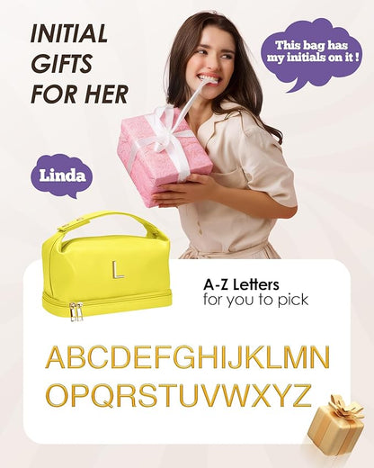Gifts for Young Women, Personalized Makeup Bag with Handle, Initial Double Layer Cosmetic Bag with Makeup Brush Organizer, Cute Cosmetic Pouch for Women, Gifts for Friends Female Mom