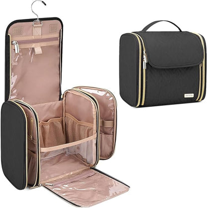 Hanging Toiletry Bag & Makeup Bag for Women with Jewelry Organizer - TSA Approved Large Capacity Travel Cosmetic Organizer, Waterproof Shower Essentials Case with Transparent Pockets, Black