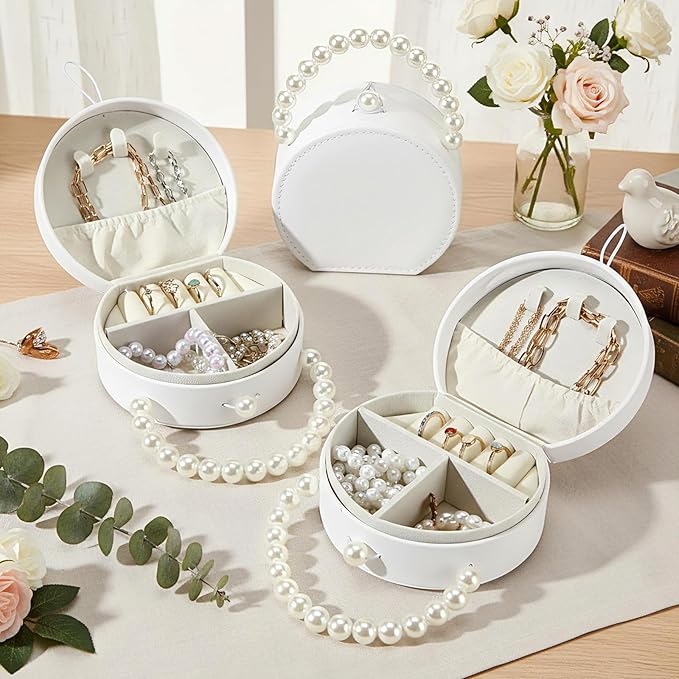 Weysat 8 Pack Travel Jewelry Case Bulk Mini Bridesmaid Jewelry Box Small Earring Storage Organizer for Women Proposal Gifts(White, Leather)