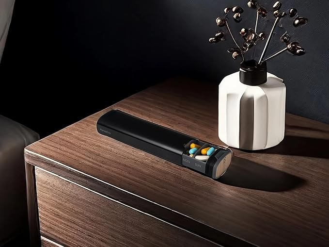 7 Day Pills Organizer Stylish Aluminum and Wood Weekly Pill Box for Medicine, Vitamins, and Supplements. Sleek, Durable & Compact Travel Case. (Black)