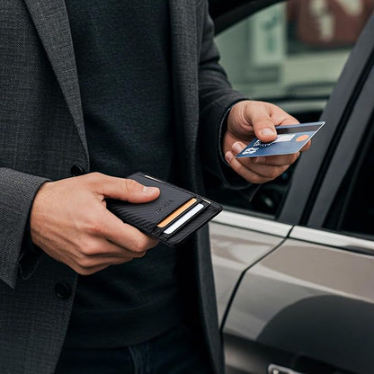 Buffway Slim Minimalist Front Pocket RFID Blocking Leather Wallets for Men and Women - Carbon Fiber Black