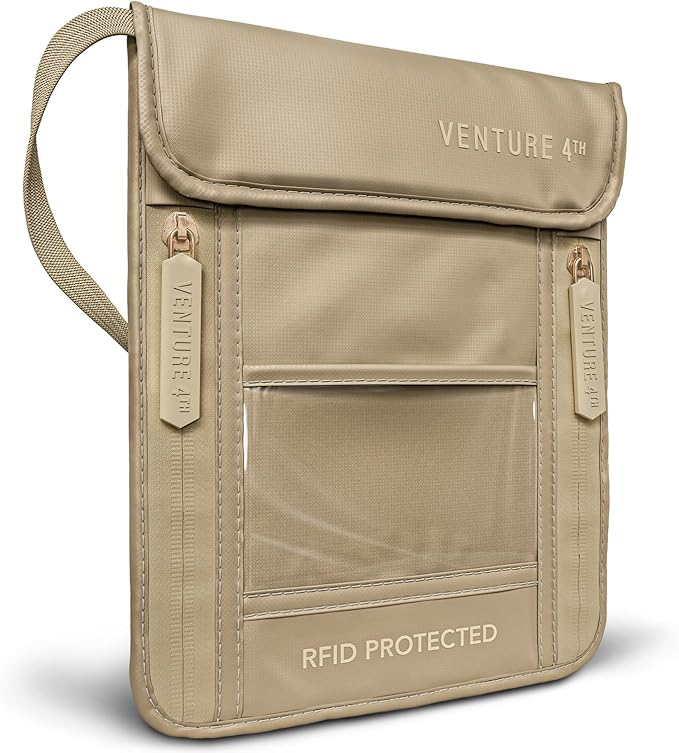 VENTURE 4TH Neck Wallet, RFID Blocking Passport Holder for Travel – Hidden Neck Pouch with 5 Compartments, Slim Lightweight Organizer with Adjustable Strap for Cash, Cards & Passport (Sleek Beige)