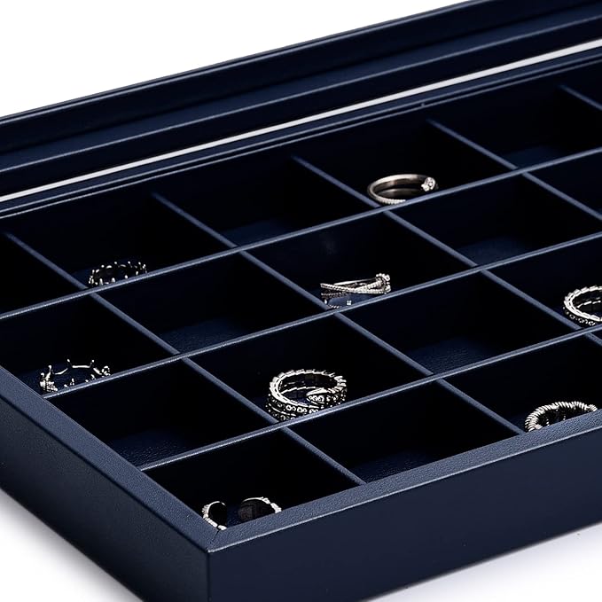 Oirlv Premium Blue Leather 24 Grid Jewelry Tray with Transparent Lid Earrings Rings Organizer Box Stackable Jewelry Box Drawer Inserts Women Gift