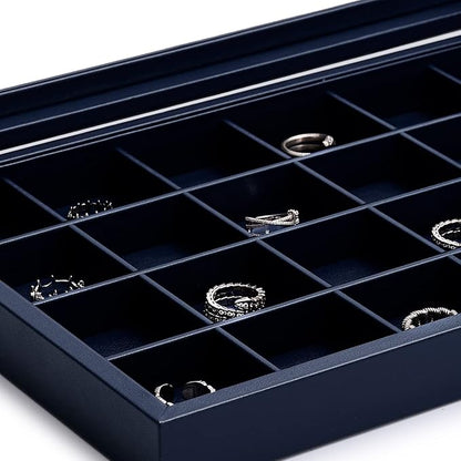 Oirlv Premium Blue Leather 24 Grid Jewelry Tray with Transparent Lid Earrings Rings Organizer Box Stackable Jewelry Box Drawer Inserts Women Gift