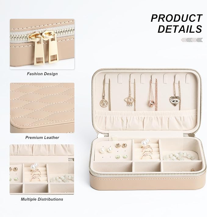Leather Jewelry Box Elegant Small Jewelry Case for Women Gift Box for Necklace, Ring, Earring Storage Portable Design for Travel & Home Use Apricot