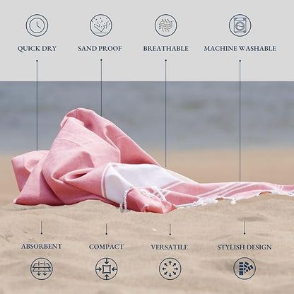 LANE LINEN Turkish Beach Towels, 2 Pack Extra Large Beach Towel, Pre-Washed for Soft Feel, Oversized Sand Free Quick-Dry Pool Towel, Beach Towels for Adults, 39"x71" - Candy Pink