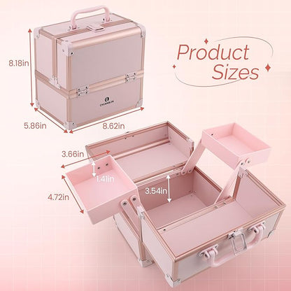 Makeup Train Case 2 Trays Makeup Box Organizer Portable Travel Makeup Case Lockable Makeup Storage Organizer Cosmetic Box for Jewelry Nail Tech Brushes Accessories Tool, Pink