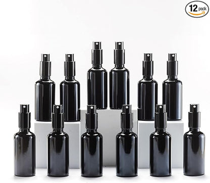 YIZHAO Black Glass Spray Bottles 2oz, with Small Fine Mist Spray, Metal Cap, Refillable for Essential Oil,Travel,Cleaning,Perfume,Aromatherapy,Makeup – 12 Pcs