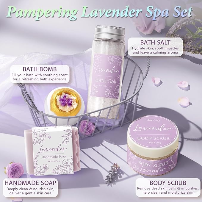 Spa Gifts for Women Bath Gift Set, Lavender Relaxing Spa Gift Baskets Home Bath Set Self Care Kit Care Package Thank You Christmas Birthday Gifts for Women Mom Her Friend Sister Teen Girl Wife Grandma