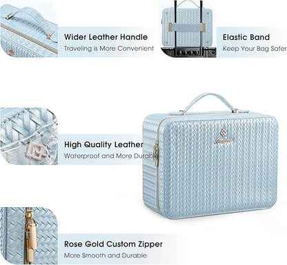 Leather Makeup Case with LED Lighted Mirror 11.4 Inch Travel Makeup Bag Adjustable Brightness in 3 Colors Cosmetic Organizer Artist Storage Bag with Dividers Brush Holder Bag Vanity Shiny Blue