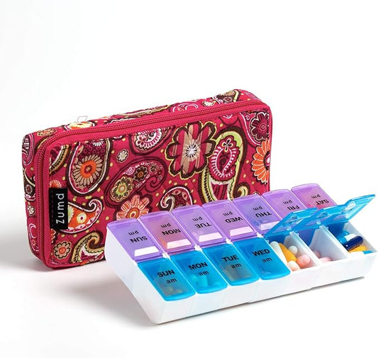 Weekly Pill Organizer 2 Times a Day, Zumd Pill Box 7 Day with Cute Quilted Fabric Zipper Case, Travel Pill Case Am Pm for Vitamin Medicine Organizer