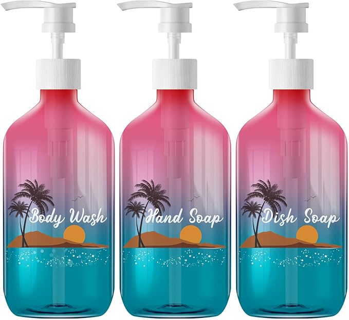 Empty Plastic Gradient Color Bottles with Pump Dispenser and Labels Included, Refillable Travel Containers for Hand sanitizer Shampoo Lotion, etc - No BPA/Parabenf, 500ml/16.9oz (Gradient, 3 Pack)