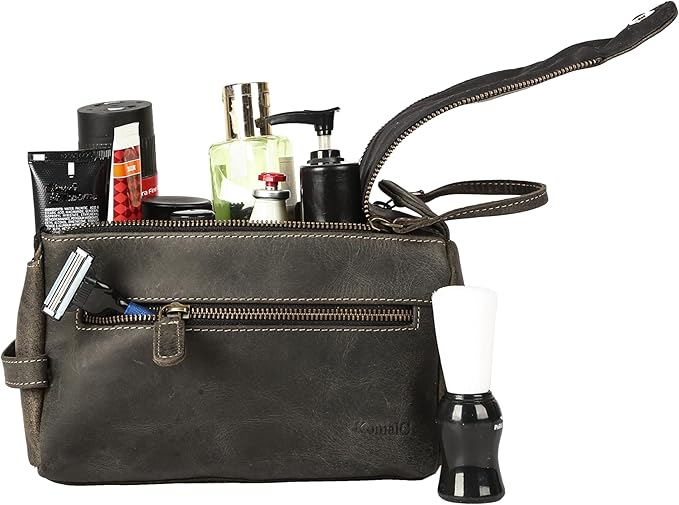 KomalC Premium Buffalo Leather Toiletry Bag for Men & Women – Leather Dopp Kit With Water resistant Lining, Premium Toiletry Travel Pouch, Unisex Wash Bag for Toiletries, Gifts for Men and Women
