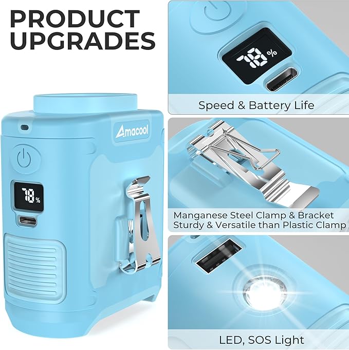 AMACOOL Portable Waist Fan Clip On, MAX 40H Work Time, 10000mAh Rechargeable Wearable Shirt Fan with Light, 16000RPM Powerful 5 Speed Belt Fans Personal Cooling Fans for Outdoor Jobsite Travel