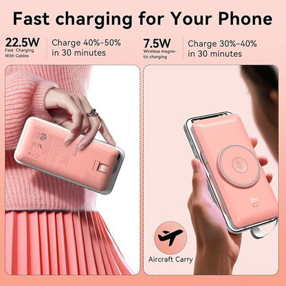 Magnetic 10000mAh Portable Charger for iWatch & iPhone, 22.5W USB C Fast Charging Wireless Power Bank Built-in Cables and Wall Plug, External Travel Battery Pack Compatible with iOS Android Devices