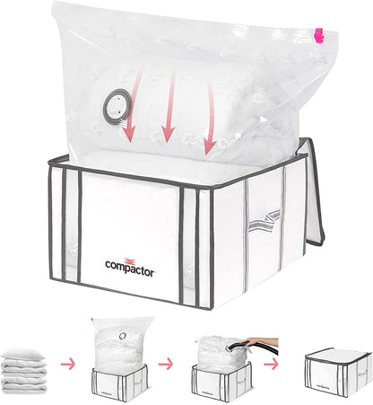 Compactor Vacuum Bags + Semi-Rigid Box, Space Saving Storage Bags, Seal Bags Compression for Comforters and Blankets, Sealer Clothes Storage, Size M, 125L | White