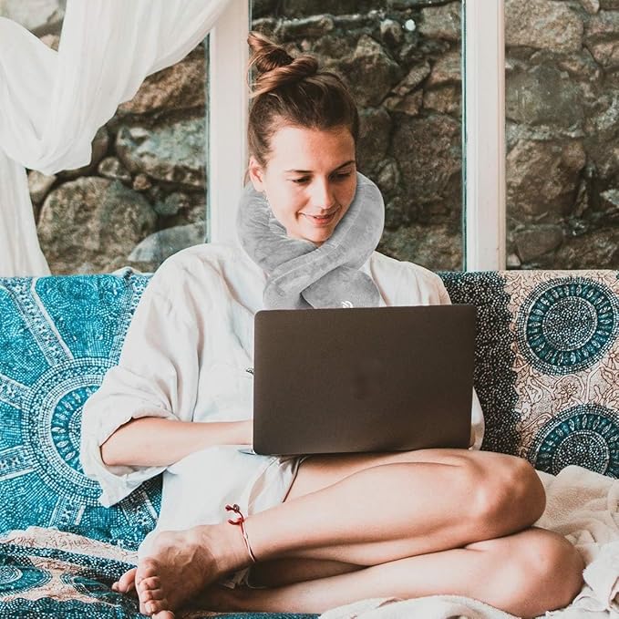 Neck Pillow, Neck Wrap Vibration Massaging Wireless Travel Pillow Soft Touch Breathable Head Support for Office Sofa Air Plane Grey