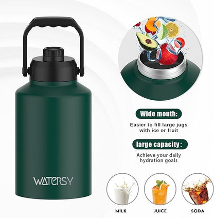WATERSY 1 Gallon Water Bottle Insulated(Cold for 48 Hrs),BPA Free&Leak Proof,128oz Stainless Steel Water Jug,Big thermo,Large Water Bottle with Handle for Gym,Hiking,Camping&Travel,Dark Green