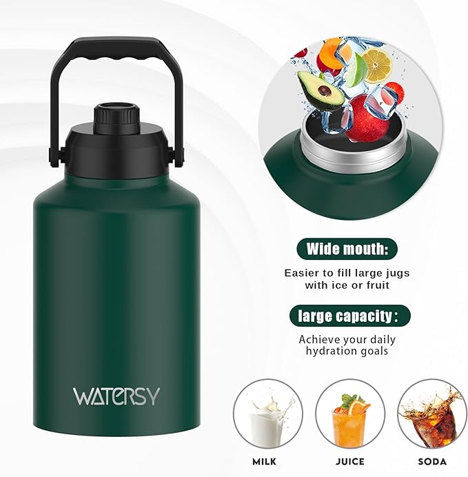 WATERSY Half Gallon Water Bottle Insulated(Cold for 48 Hrs),BPA Free&Leak Proof,64oz Stainless Steel Water Jug/Flask,Big thermo,Large Water Bottle with Handle for Gym,Hiking,Camping,Dark Green