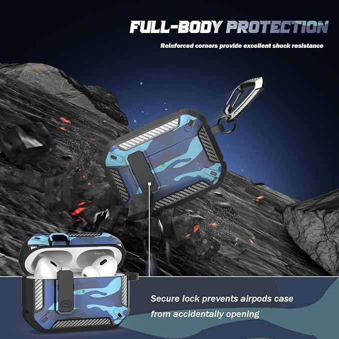 RFUNGUANGO for AirPods Pro 2nd Generation Case Cover with Cleaner Kit, Military Hard Shell Protective Armor with Lock for AirPod Gen 2 Charging Case 2023,2022, Front LED Visible,Grey Camou