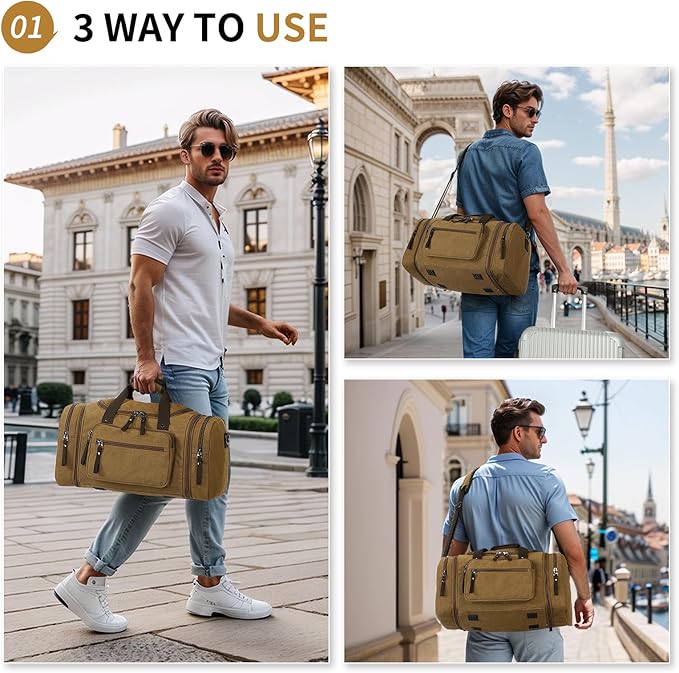 Expandable Canvas Duffel 50cm-58cm, Sturdy Zipper and Reinforced Handles, Lightweight Carry-On Weekender Bag for 3-5 Day Trips, Coffee