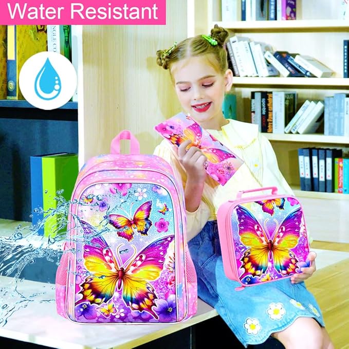 WZLVO 3PCS Butterfly Backpack for Girls, 16'' Kids Preschool Bookbag with Lunch Box, Cute Animal Water ResistantSchool Bag Set for Elementary Kindergarten Travel