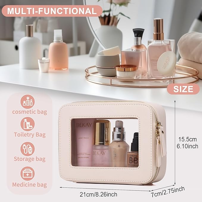 Pinkmik Clear Makeup Bag for Women Waterproof Travel Cosmetics and Toiletries Case Portable Makeup Oaganizer Bag Clear Car Bag with Zipper (Beige, M)