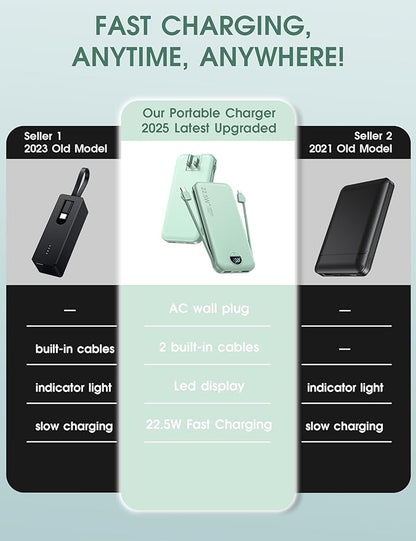 Portable Power Bank, 12000mAh 22.5W Phone Charger with Built-in Cables and Wall Plug, USB C Fast Charging Battery Bank with Smart LED Display, External Battery Pack for iPhone, iPad, Samsung etc Green