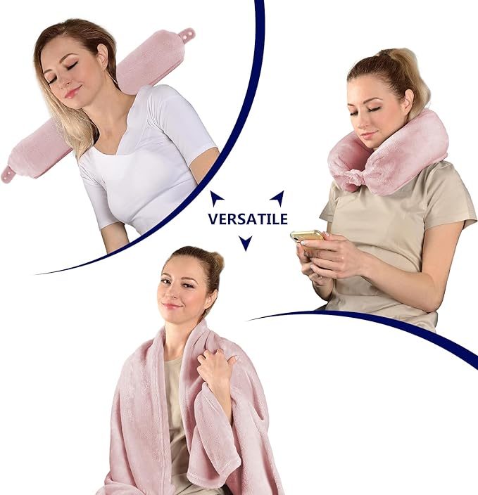 2 in 1 Travel Blanket, Soft Warm Blanket with Cozy Neck Pillow Case, Portable Blanket Set for Airplane, Camping, Car (Dusty Pink)