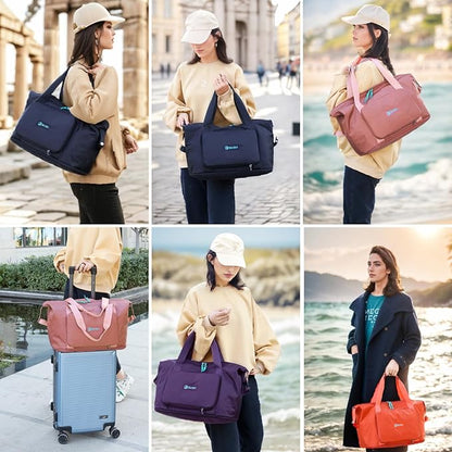 Expandable Travel Duffle Bag for Women Men, Lightweight Foldable Travel Tote Bags Gym Bag, Large Waterproof Carry On Weekender Overnight Bag with Wet Pocket for Workout, Fitness, Shopping Purple