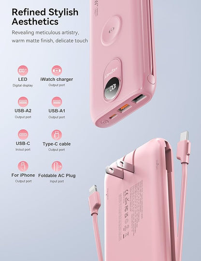 Portable Charger, 10000mAh 22.5W Fast Charging Power Bank with Built in Cable & Wall Plug, Travel Essential Battery Pack with LED Display, External Charger for iPhone, iWatch 11/10/9/8/Ultra/SE Pink