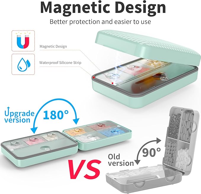 Restree Weekly Pill Organizer, Magnetic Moisture Proof Pill Case, Large Capacity Travel Pill Box with Inner Clear Lid for Vitamins, Supplements, and Daily Medications 8 Compartment (Green)