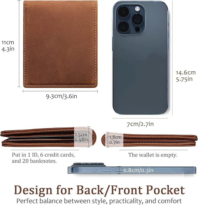 Mens Slim Bifold Wallet RFID Blocking | Genuine Leather Back/Front Pocket Design for Men | 6 Card Slots, 2 Cash Pockets & 1 ID Window | 4x3x0.7″ Thin Horizontal Wallets Christmas Gift Box