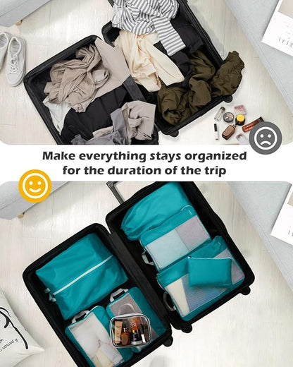 Gonex 8 Set Compression Packing Cubes, Expandable Mesh Organizer for Travel Accessories, Essentials With Toiletry, Laundry, Shoe, Cable Bags for Suitcases, Blue