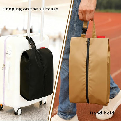 4Pack Travel Shoe Bags for Packing in Suitcase - Cleat Bags for Sports Smell Proof with Snap and Zipper, Waterproof Dustproof Shoe Pouch for Golf Soccer Gym Sports Travel (Black+Khaki)