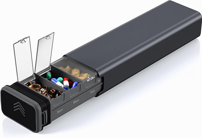 7 Day Weekly Metal Pill Organizer Travel, Kursoaya Premium Aluminum Daily Pill Box, Cute Portable Pill Case, Large Capacity Pill Holder for Supplements, Pills, Vitamins, Medicine (Steel Grey)