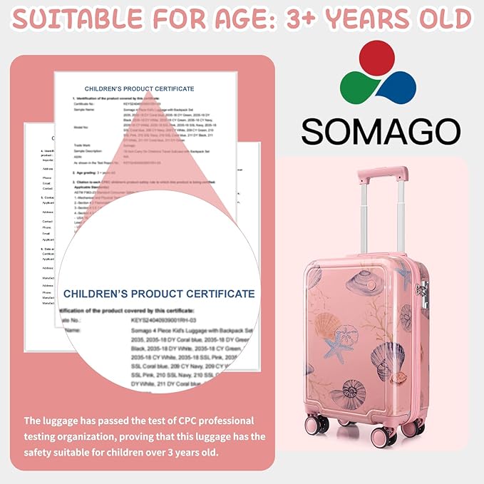 Somago 4 Piece Kid's Luggage with Backpack Set for Boys Girls Spinner 18" Hardside PC Rolling Carry on Suitcase with TSA Lock (Seashell Pink)