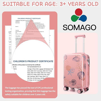 Somago 4 Piece Kid's Luggage with Backpack Set for Boys Girls Spinner 18" Hardside PC Rolling Carry on Suitcase with TSA Lock (Seashell Pink)