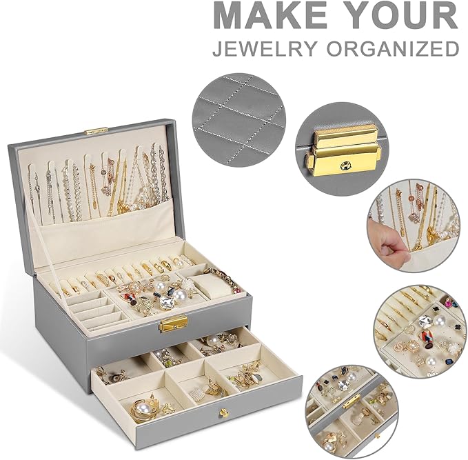 GUOER Jewelry Box for Women Girl Wife - Large PU Leather Jewelry Organizer Storage Case with Two Layers Display for Earrings Bracelets Rings Watches (Grey)
