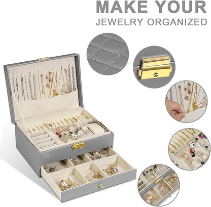 GUOER Jewelry Box for Women Girl Wife - Large PU Leather Jewelry Organizer Storage Case with Two Layers Display for Earrings Bracelets Rings Watches (Grey)