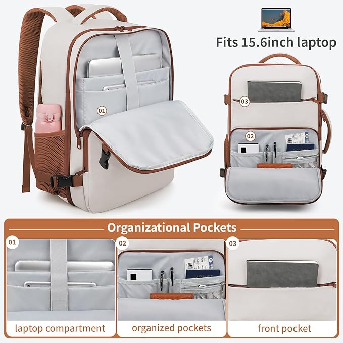 ZOMFELT Travel Backpack for Women Men, Carry On Backpack, TSA 15.6inch Laptop Backpack Flight Approved, Personal Item Travel Bag Nurse Bag Casual Daypack for Weekender Business Trip, Khaki White