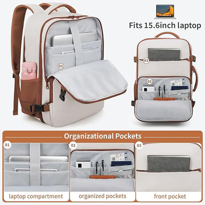 ZOMFELT Travel Backpack for Women Men, Carry On Backpack, TSA 15.6inch Laptop Backpack Flight Approved, Personal Item Travel Bag Nurse Bag Casual Daypack for Weekender Business Trip, Khaki White