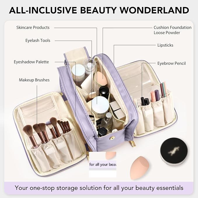 Travel Makeup Bag Women's Large Capacity Cosmetic Portable Organizer Large Opening Waterproof Storage Toiletry Bags Vertical Free-Standing Brush Holder for Easy Access Purple
