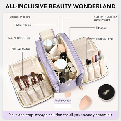 Travel Makeup Bag Women's Large Capacity Cosmetic Portable Organizer Large Opening Waterproof Storage Toiletry Bags Vertical Free-Standing Brush Holder for Easy Access Purple