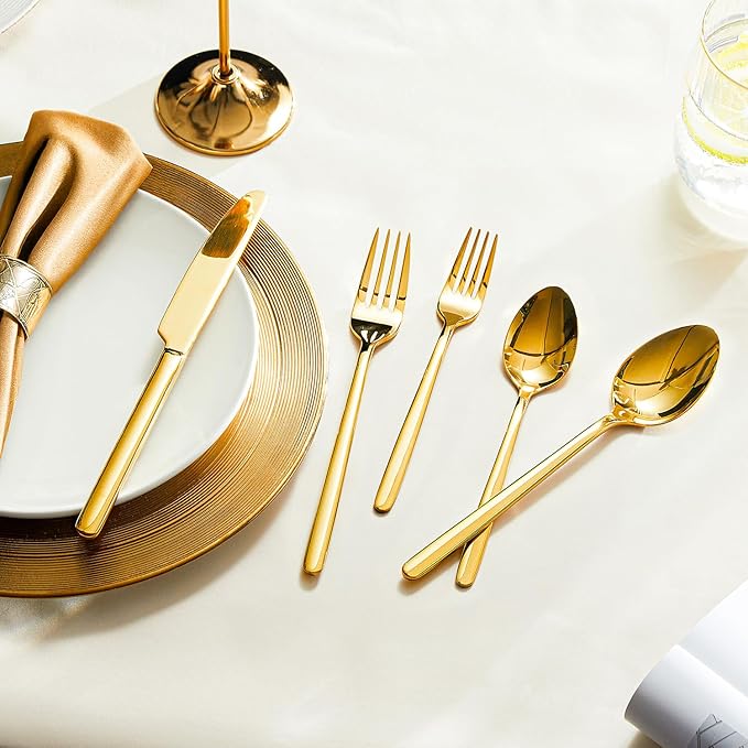KINGSTONE Gold Silverware Set, 60 Piece Flatware Cutlery Set for 12, 18/10 Stainless Steel Silverware Mirror Polished Dishwasher Safe for Home, Restaurant, Wedding, Party(Gold, 60 pieces for 12)