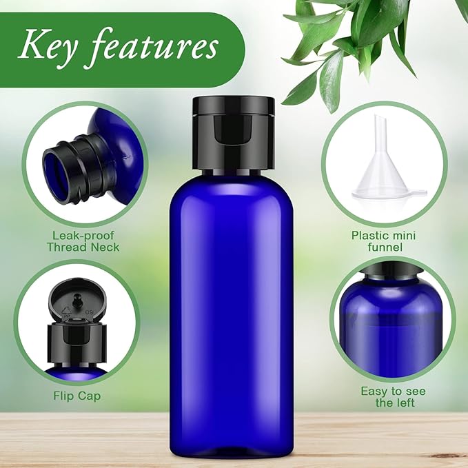 Eccliy 100 Pack 2 oz Travel Bottles Plastic Bottles with Lids Refillable Travel Size Cover Cap Plastic Liquid container for Toiletries Lotions Shampoo Creams Dispensing with 5 Funnels(Blue)