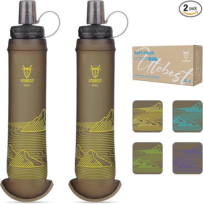 500ml Soft Flask, 2 Pack Flexible TPU Hydration Water Bottle, Collapsible with 42mm Caliber for Running, Hiking, Cycling, Climbing, and Marathon Yellow